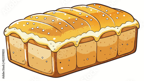 A loaf of freshly baked pound cake with a golden brown crust. The cake is dense and moist with a buttery aroma and small flecks of vanilla bean. Cartoon Vector.