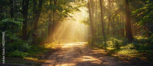 The path in the middle of the forest with beautiful sunlight shining through the tall trees.