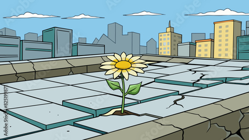 A lone flower grew defiantly against the cracked sidewalk its delicate petals a sharp contrast to the harsh urban landscape.. Cartoon Vector.