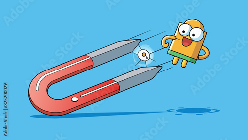 A magnet attracting a paperclip The force of magnetism is pulling the paperclip towards the magnet causing it to stick. The paperclips characteristics. Cartoon Vector.