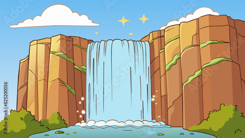 A majestic waterfall cascading down a rocky cliff the water glittering in the sunlight and creating a soothing symphony as it crashes into the pool. Cartoon Vector.