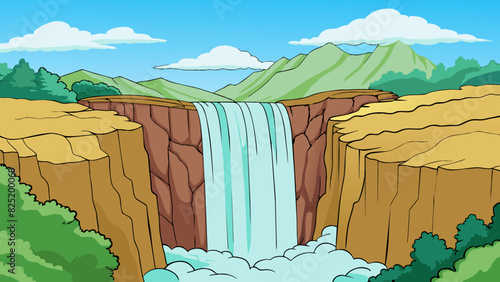 A magnificent waterfall cascaded down the rocky cliff the sound of rushing water echoing through the valley and creating a great sense of wonder.. Cartoon Vector.