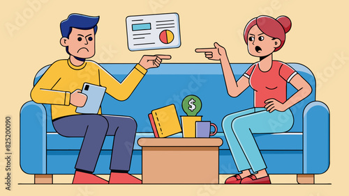 A man and woman sitting on opposite ends of a couch engaged in a heated argument about finances. One holds the bills while the other points to a large. Cartoon Vector.