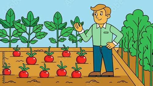 A man is seen admiring a newly planted garden in the fourth illustration. The soil is dark and rich perfect for growing fruits and vegetables. The. Cartoon Vector.