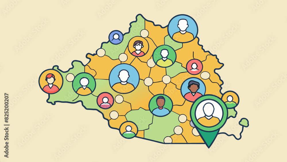 A map with different colored dots representing the population density ...