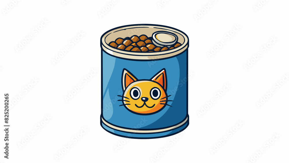 A metal canister filled with dry cat food its compact shape and crunchy contents providing a convenient and nutritious meal for feline friends.. Cartoon Vector.