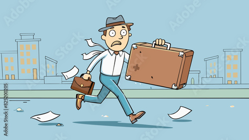 A man walks down a deserted street holding a worn leather suitcase. The edges are frayed and the latch is broken but he clutches it firmly against his. Cartoon Vector.