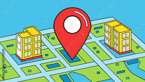 A map with a red dot marking a specific location on a grid of streets and buildings.. Cartoon Vector.