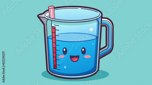 A measuring cup is a common kitchen tool made of glass or plastic with measurements in cups ounces and milliliters. It is used to measure liquid. Cartoon Vector. photo