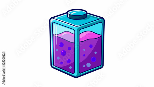 A mediumsized transparent container filled with a thick bubbling liquid. The liquid changes color every few seconds ranging from bright blue to deep. Cartoon Vector.