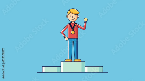 A medal on a podium A person standing on a podium proudly wearing a medal around their neck. This reflects success as a recognition and acknowledgment. Cartoon Vector.