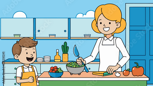 A member of a cooking class This person is standing at a kitchen counter chopping vegetables with a knife. They have an apron tied around their waist. Cartoon Vector.