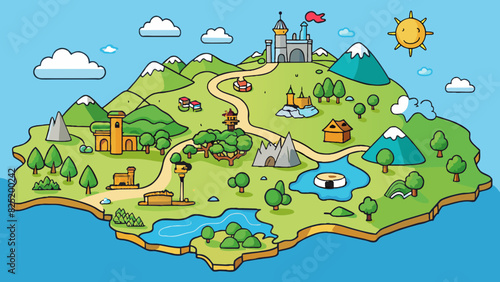 A map with different types of terrain and landmarks representing the diverse landscapes and features of a country.. Cartoon Vector.