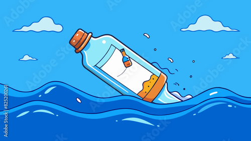 A message in a bottle floating in the ocean with a rolledup piece of paper inside. The bottle is made of clear glass revealing the stunning blue hues. Cartoon Vector.