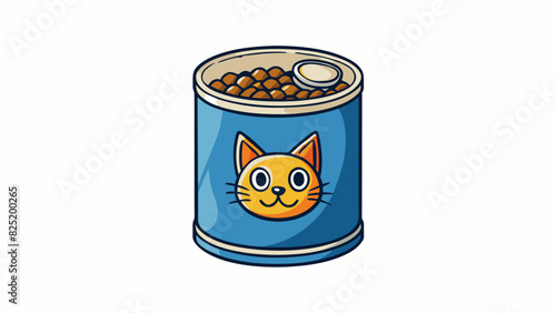 A metal canister filled with dry cat food its compact shape and crunchy contents providing a convenient and nutritious meal for feline friends.. Cartoon Vector.