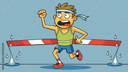 A marathon runner crossing the finish line sweat dripping down their face legs in a steady rhythm determination in their eyes.. Cartoon Vector.