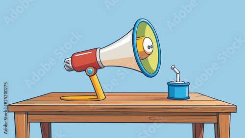 A megaphone sitting on a table ready to amplify someones words and make them heard by a larger group.. Cartoon Vector.