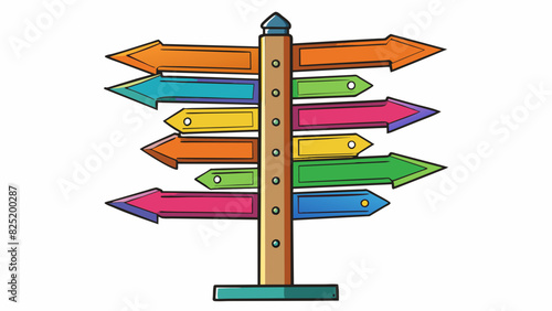 A metal signpost with multiple arrows pointing in different directions each one painted in a different color. Its bold and eyecatching design makes it. Cartoon Vector.