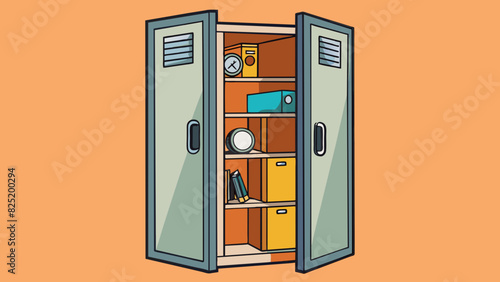 A metal locker with multiple shelves and a combination lock used to keep personal belongings secure. The locker has a sy frame a reinforced door and a. Cartoon Vector.