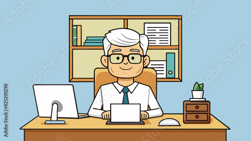 A middleaged man with short graying hair and glasses sits at a wooden desk surrounded by papers and a computer. He wears a crisp white buttonup shirt. Cartoon Vector.