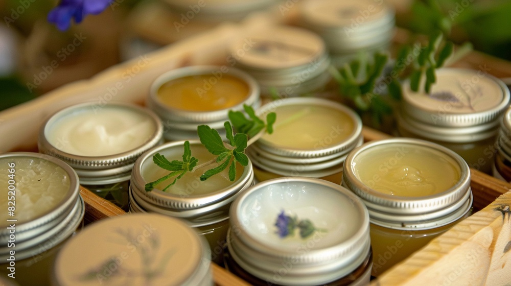 Herbal salves and ointments in small containers, with labels indicating the specific herbs used Herbal salves and ointments in small containers, with labels indicating the specific herbs used