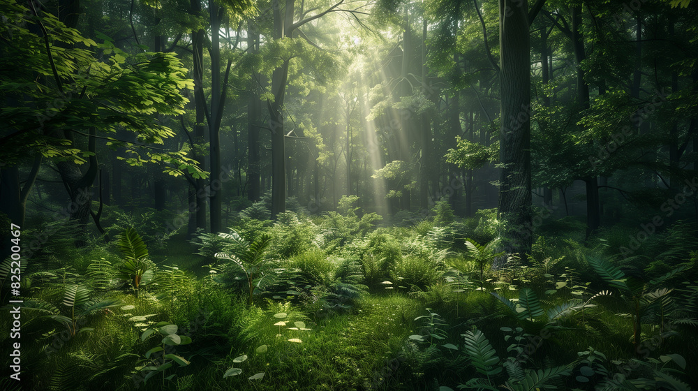 sunlight shining through the trees in a forest filled with ferns