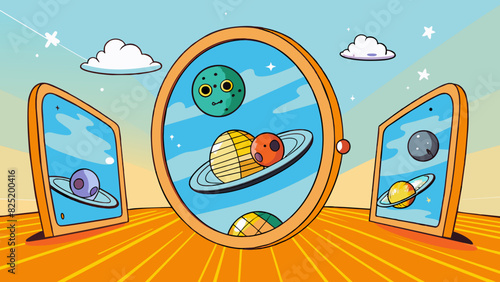 A mirror that reflects not only what is in front of it but also what is beyond our visible reality a glimpse into parallel universes and alternate. Cartoon Vector.