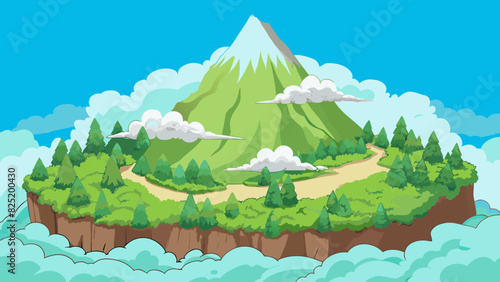 A mistcovered mountaintop that seems to rise up endlessly into the clouds beyond which lies an untouched paradise of lush forests and crystal clear. Cartoon Vector.