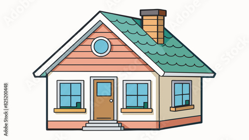 A model of a house has a triangular roof rectangular windows and a front door with a door. The exterior walls are painted white and there is a chimney. Cartoon Vector.