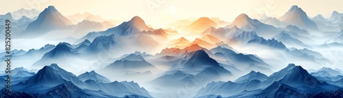 A breathtaking sunrise over a misty mountain range  radiating serene beauty and tranquility with a dreamy blend of colors.