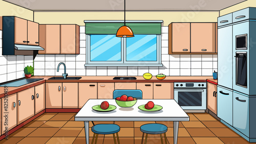 A modern kitchen with sleek black countertops and stainless steel appliances. A set of white cabinets line the walls with a glass backsplash that. Cartoon Vector.