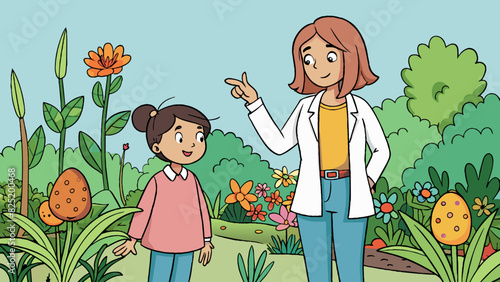A mother and daughter stroll through a botanical garden admiring the diverse array of flowers and plants. The mother points out different species. Cartoon Vector.