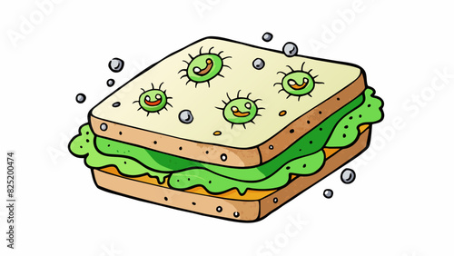 A moldy sandwich with green and black patches depicting a foodborne illness caused by bacteria or fungi that contaminate and spoil the food.. Cartoon Vector.