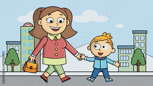 A mother and child holding hands as they walk down the street their steps in sync and their smiles mirroring each other.. Cartoon Vector.