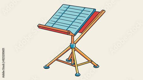 An adjustable stand for sheet music made of lightweight metal and designed with foldable legs for easy transportation. It has a large angled surface. Cartoon Vector.