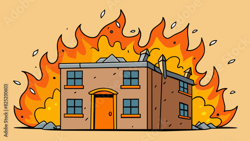 An abandoned building was engulfed in flames the fire slowly consuming it from the inside out. The bright orange flames licked at the crumbling walls. Cartoon Vector.