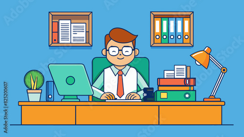 An accountants job is to manage financial records and perform calculations. They sit at a desk with a computer and calculator surrounded by filing. Cartoon Vector.