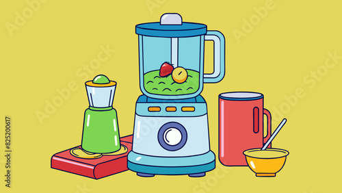 A multifunctional kitchen appliance that is able to chop blend and puree with just a touch of a button. Its sharp interchangeable blades and powerful. Cartoon Vector.
