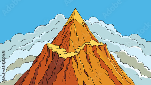 A mountain peak jutting high into the clouds with its rugged surface and sharp rocks a daunting challenge for any hiker brave enough to reach its. Cartoon Vector.