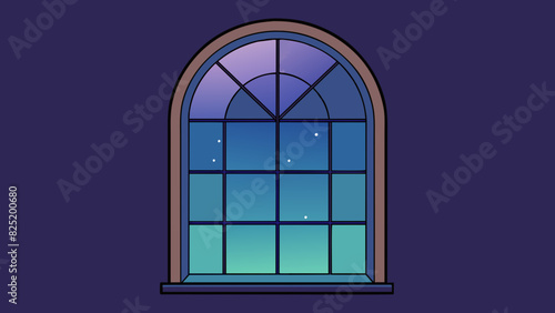 An arched window with a dark metal frame and a single pane of glass. The glass is tinted giving the room a dim moody atmosphere. The curved shape adds. Cartoon Vector.