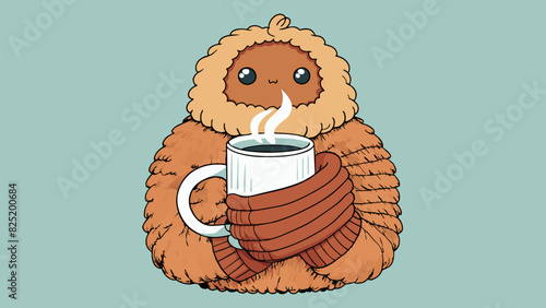 An arm wrapped in a woolen sweater appears next holding a steaming mug of hot cocoa. The hand is adorned with chunky rings and the arm is slightly. Cartoon Vector.