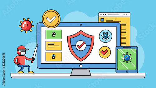 An antivirus software ensures the security of a computer by scanning for and removing viruses malware and other malicious threats. It has a. Cartoon Vector.