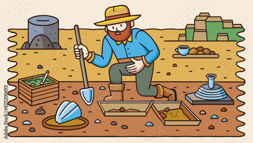 An archaeologist using specialized tools to sift through layers of soil and uncover ancient artifacts. The site is a former settlement and evidence of. Cartoon Vector.