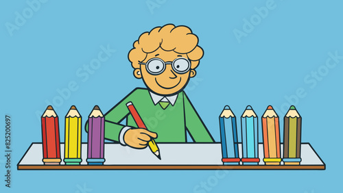 An artist begins a new masterpiece by carefully sharpening their set of colored pencils arranging them in a neat row on their desk before starting to. Cartoon Vector.