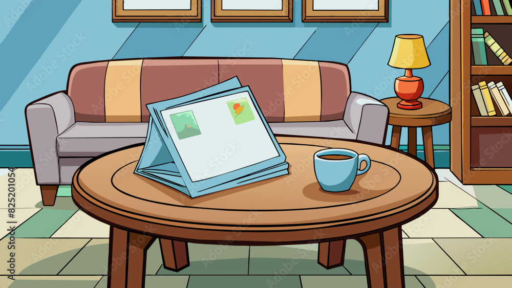 Fototapeta premium A newspaper with a bold headline in large font surrounded by smaller text as it sits on a wooden coffee table in a cozy living room.. Cartoon Vector.