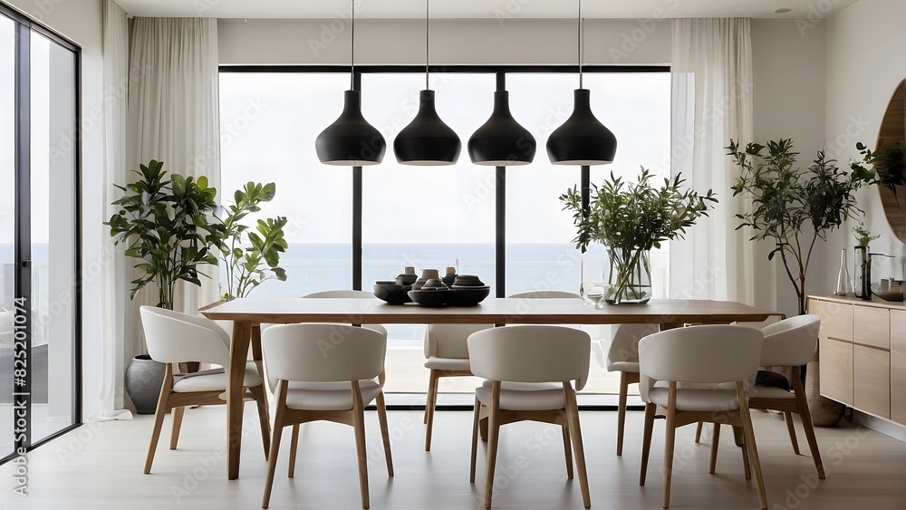 Fototapeta premium A modern and minimal dining room with table, interior design, dining room design,