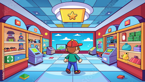 A newly released video game is being sold at a store. The game boasts stunning graphics immersive gameplay and a vast open world to explore. Its main. Cartoon Vector.