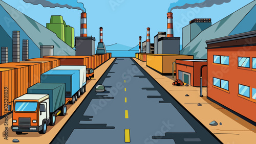 An industrial street lined with warehouses and factories their steel structures towering above. The pavement is a mixture of gravel and potholes with. Cartoon Vector.