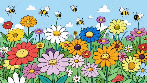 An expansive field of wildflowers each bloom unique in color and shape. Bees buzz around collecting nectar from the vibrant petals.. Cartoon Vector.