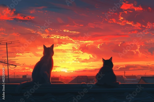 Sunset Silhouette of Superhero Cats on Rooftop - Art Illustration for Posters, Cards, or Wall Decor